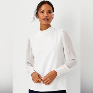 Ann Taylor, New with tags, Mixed Media Shirred Mock Neck Top, white, Large